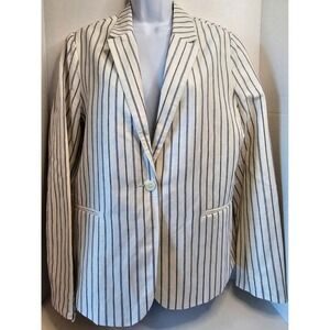 GAP Striped Blazer Size 14 Ivory Navy One Button Linen Blend Career‎